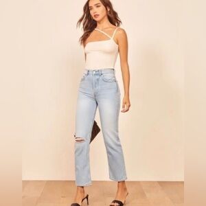 Reformation Jeans Cynthia High Rise Straight Cropped Jeans Tahoe Destroyed SZ 23
